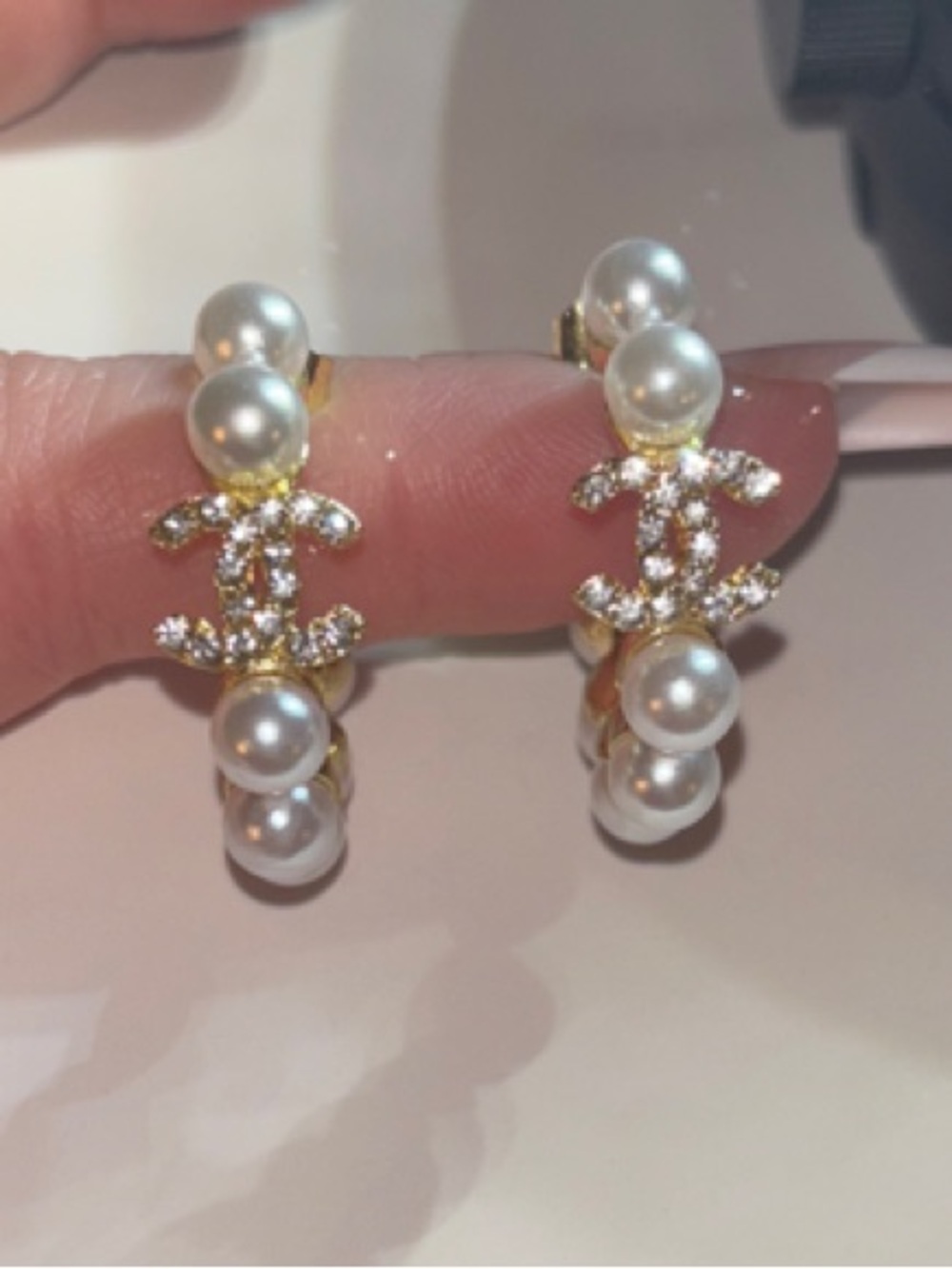 Fashion Jewelry Gold Hoop Earrings with White Pearls and Crystal Logo Accent